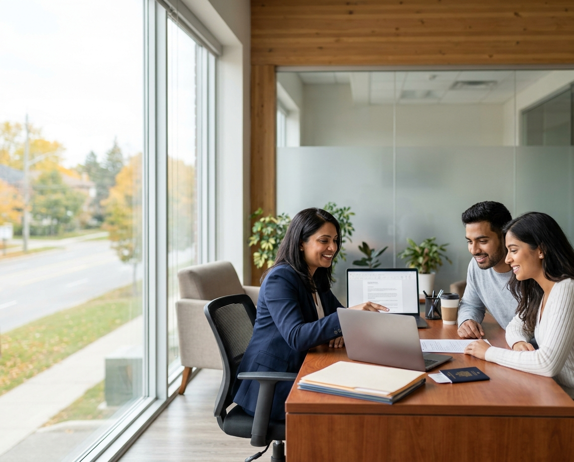A Flair Immigration consultant reviewing application documents with a couple at the Brampton office