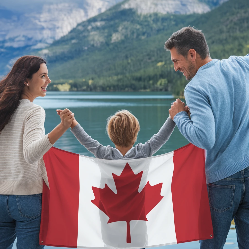 Provincial Nominee Program - Family with Canadian flag in scenic Canadian landscape