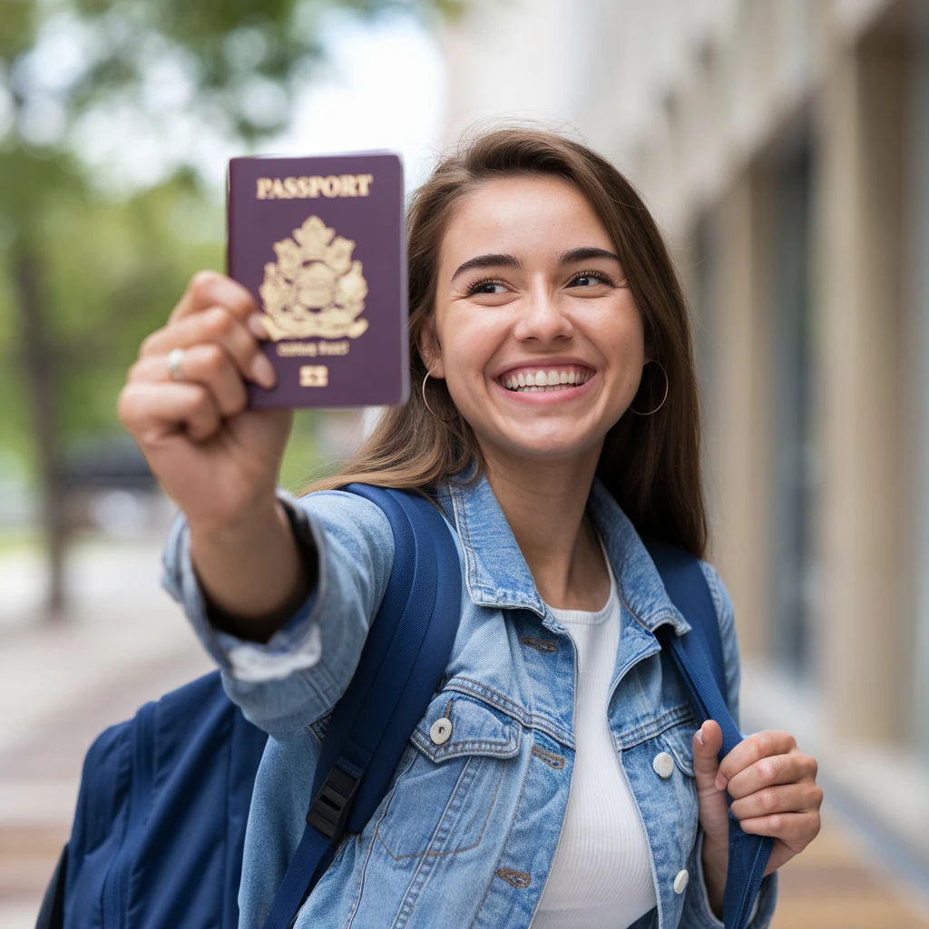 Happy traveler holding Canadian passport - Visitor visa services